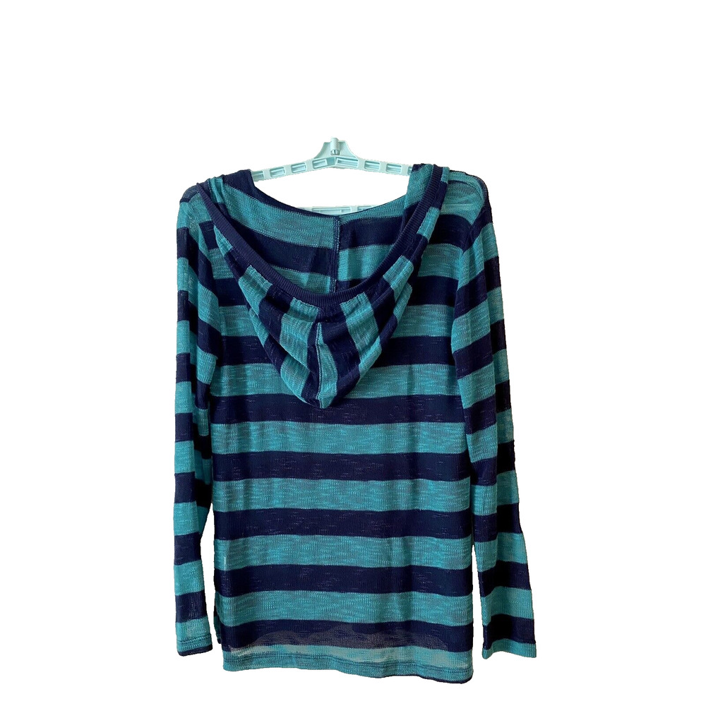 Bobeau Top Womens Size S Lightweight Knit Hoodie Sheer Blue Stripes Made In USA
